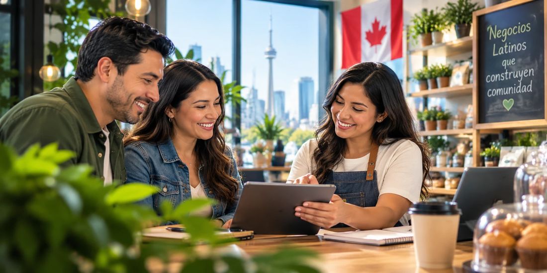 Emprendedores latinos revisan un perfil empresarial en una tableta dentro de un café con la bandera de Canadá y la torre CN al fondo
